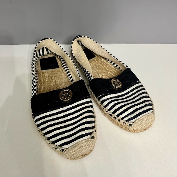 Tory Burch Beacher Black & White Stripped Slip on Espadrilles- 8 - Picture 2 of 7